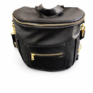 Fawn Design Black Faux Leather Backpack Diaper Bag Gold Hardware Like New